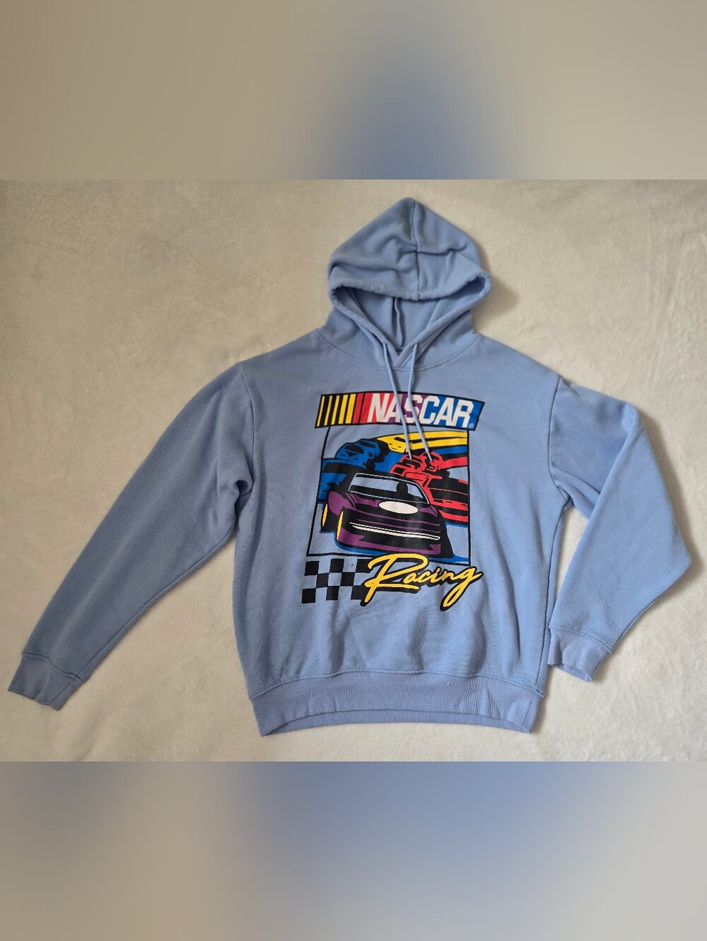 Nascar Light Blue Racing Graphic Hoodie with Multicolor Car Print